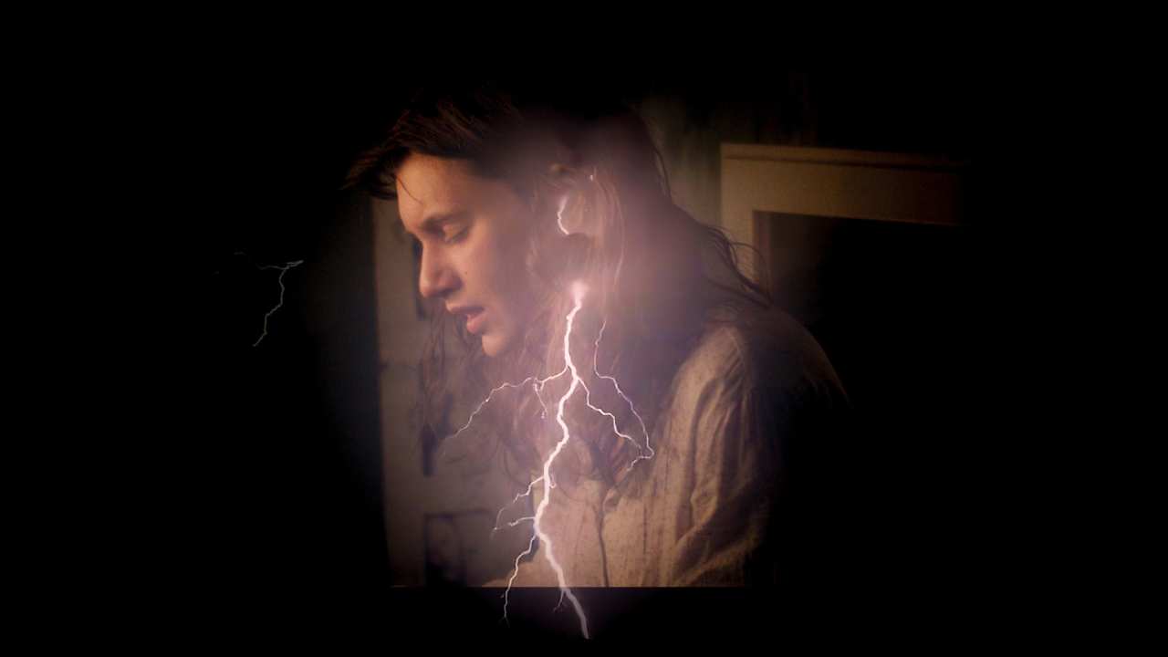 a woman with lightning superimposed over her